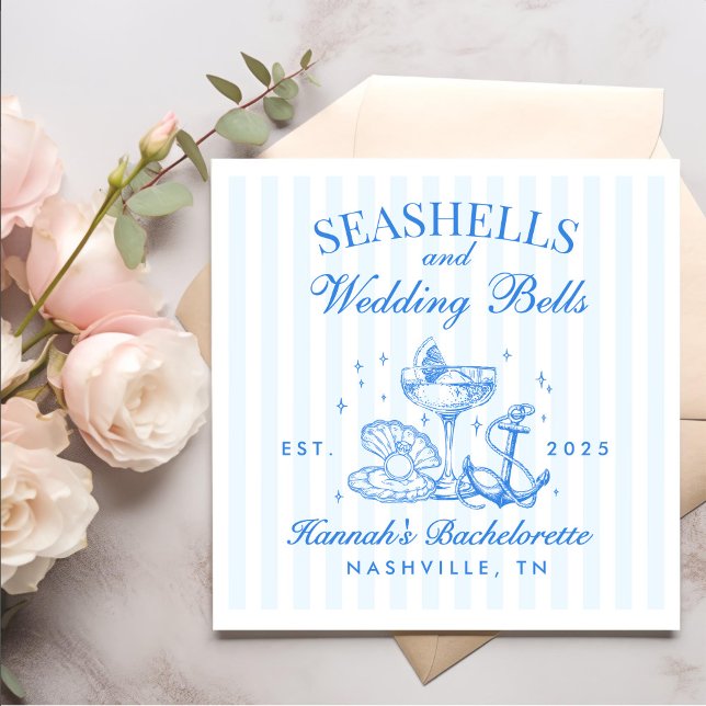 Guardanapo De Papel Bachelorette Retro Blue Seashells & Wedls (Criador carregado)