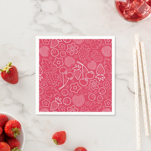Guardanapo De Papel Baga Morango Cereja Branco Desenhado à mão Moderno (Insitu)