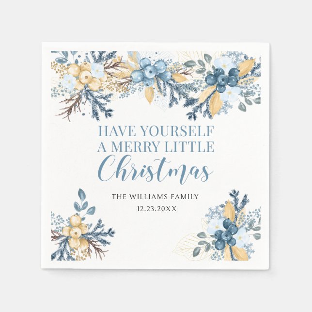 Guardanapo De Papel Bagas de inverno azuis de Feliz Natal (Frente)