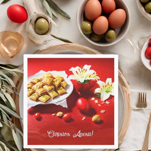 Guardanapo De Papel Baklava de Páscoa Grega Com Ovos E Lírios Convite (A festive napkin for your holiday event. )