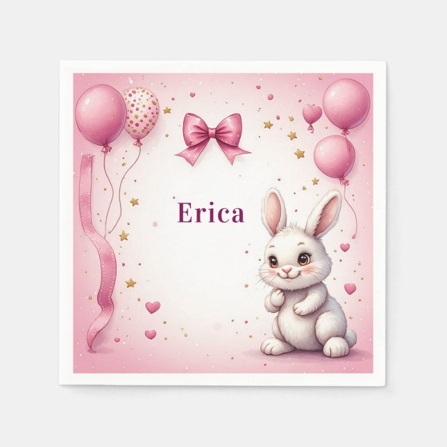 Guardanapo De Papel Balão de Aniversário Coelho Rosa 🐰 (Frente)