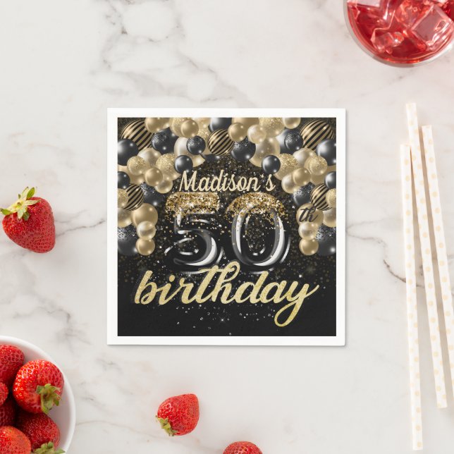 Guardanapo De Papel Balão Dourado Preto de 50 Anos Personalizado (Insitu)