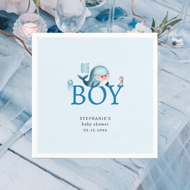 Guardanapo De Papel Baleia Engraçada Sob Chá de fraldas De Aquarela Do (cute whale under the sea boy baby shower personalized napkin watercolor beach ocean seaside)