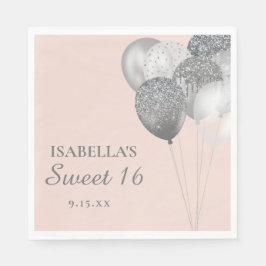 Guardanapo De Papel Balões de Glitter Rosa Bege Prata Doce 16 