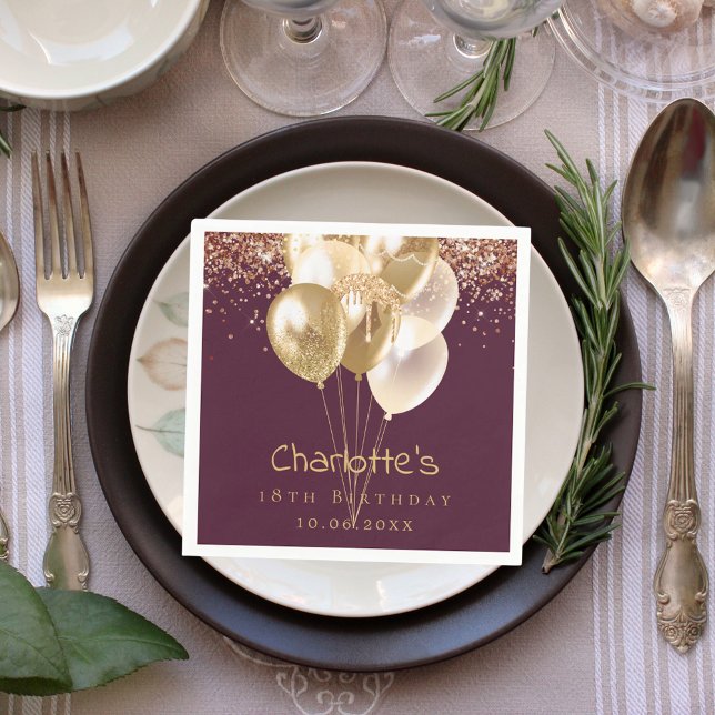 Guardanapo De Papel Balões de ouro de Burgundy de aniversário (Criador carregado)