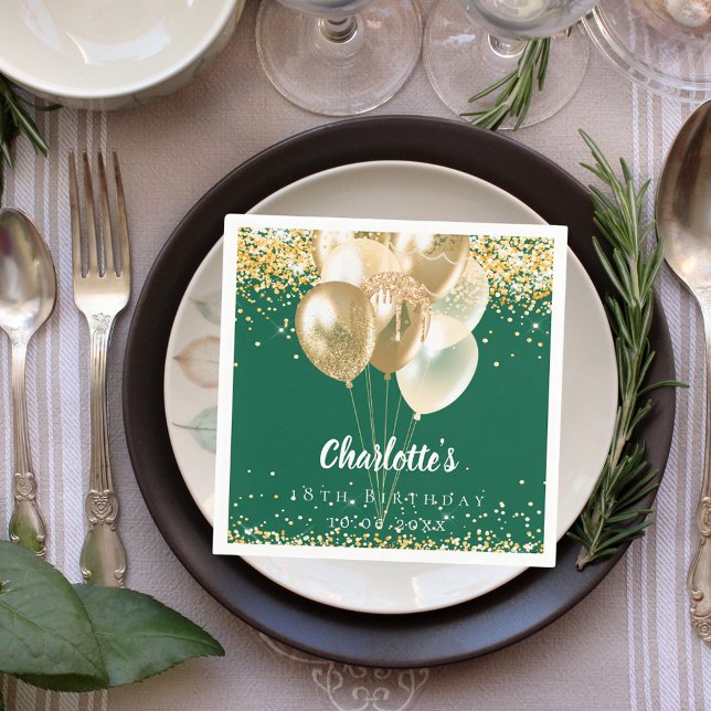 Guardanapo De Papel Balões de ouro verdes de aniversário confetti (Criador carregado)