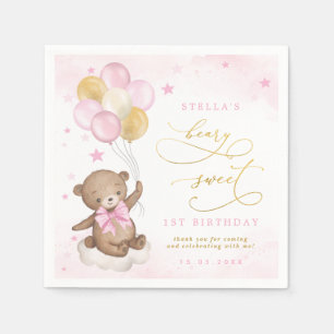Guardanapo De Papel Balões de Urso Teddy Rosa Estrelas Douradas Rosa A