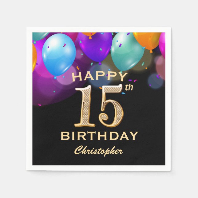 Guardanapo De Papel Balões Festa de aniversário preto e Dourado (Frente)