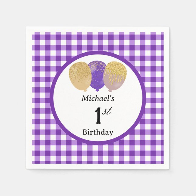 Guardanapo De Papel Balões & Gingham Roxo Aniversário de 1 ano (Frente)