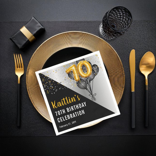 Guardanapo De Papel Balões Negros Elegantes | FESTA DE ANIVERSÁRIO DOU (Elegant Black Balloons and Gold Tone Balloon Numbers 70th Birthday Party Paper Napkins)