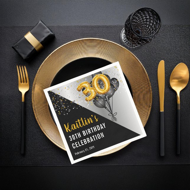 Guardanapo De Papel Balões Negros Elegantes | Parte aniversário de 30  (Elegant Black Balloons and Gold Tone Balloon Numbers 30th Birthday Party Paper Napkins)