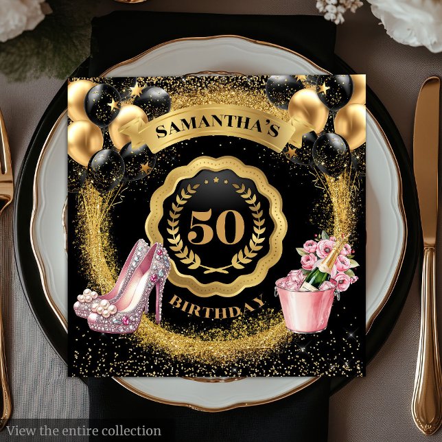 Guardanapo De Papel Balões Negros Radiantes Nápoles com Pentes Rosa (Radiant Black Balloons Napkins with Pink Heels

)