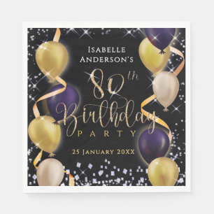 Guardanapo De Papel Balões Reluzentes Aniversário de 80 anos Preto