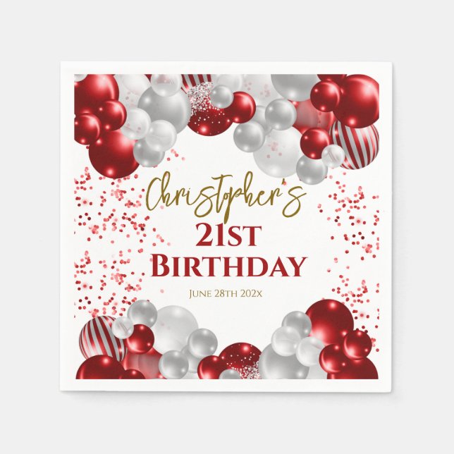 Guardanapo De Papel Balões Vermelhos do Partido aniversário de 21 anos (Frente)