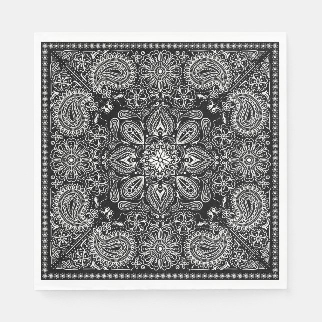 Guardanapo De Papel Bandana Ornamentado preto e branco (Frente)