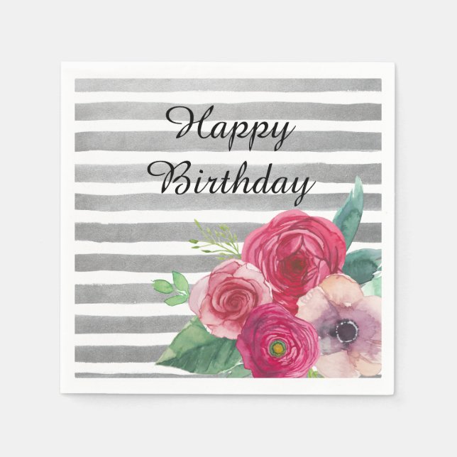 Guardanapo De Papel Bandas de Cinzas de Aquarelas e Flores Rosa (Frente)