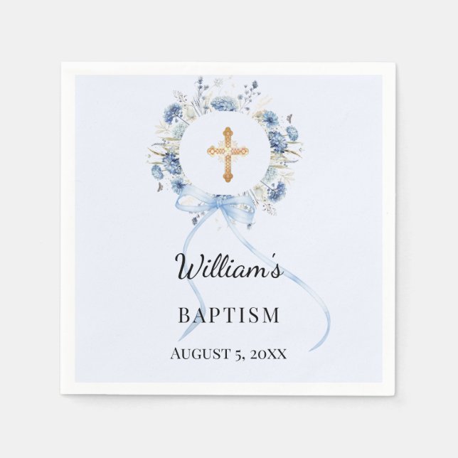 Guardanapo De Papel Baptism blue florals wreath boy cross (Frente)