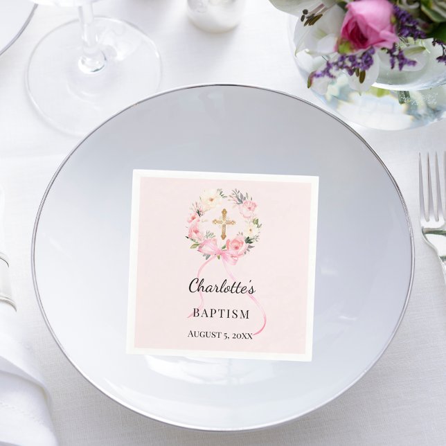 Guardanapo De Papel Baptism blush pink girl florals wreath cross (Criador carregado)