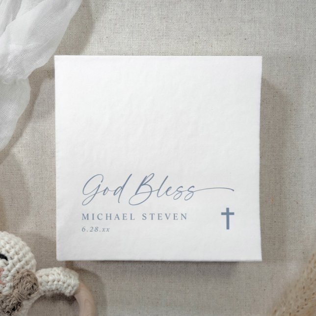 Guardanapo De Papel Baptism Modern Simple Dusty Blue God Bless Cross (Elegant dusty blue baptism napkins with “God Bless” script, cross, and personalized baby's name.)