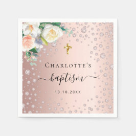 Guardanapo De Papel Baptism rosa dourado florals nome elegante