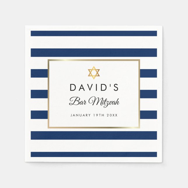 Guardanapo De Papel Bar Mitzvah Marinho Blue White Stripe Dourado (Frente)
