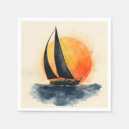 Guardanapo De Papel Barco à vela em aquarela ao pôr do sol
