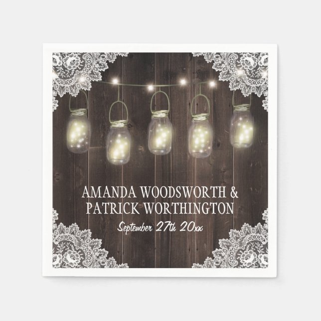 Guardanapo De Papel Barn Wood e Lace Mason Jar Wedding Napkins (Frente)