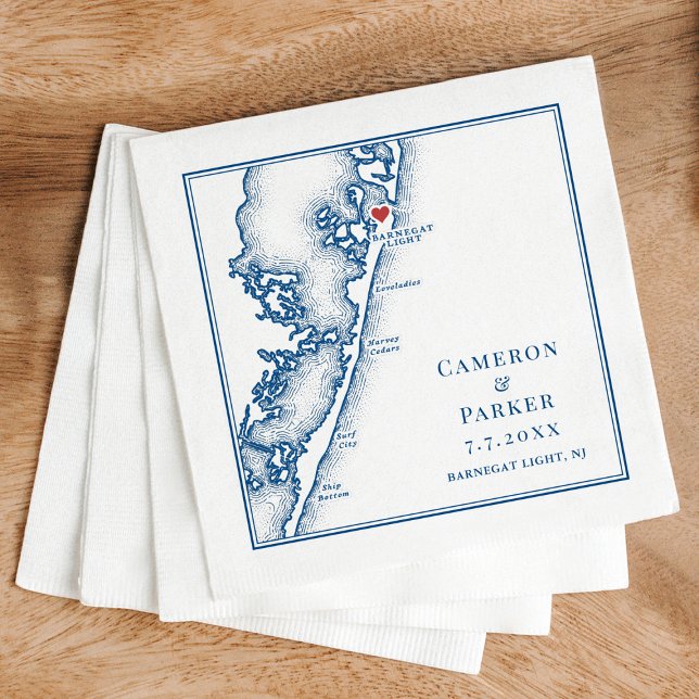 Guardanapo De Papel Barnegat Light NJ Mapa Marinha Casamento Elegante (Barnegat Light NJ Wedding Napkins Long Beach Island Jersey Shore Map by Coastal Map Designs)