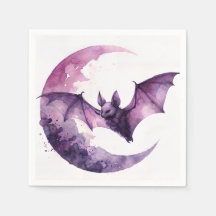 Bat and Crescent Moon Purple Watercolor Art