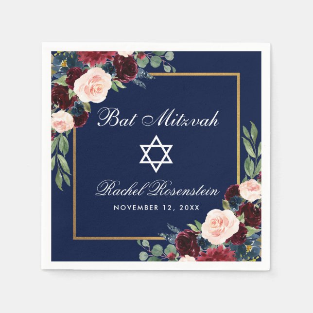 Guardanapo De Papel Bat Mitzvah Burgundy Blue Floral Dourado (Frente)