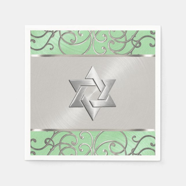 Guardanapo De Papel Bat Mitzvah Elegante Mint Green Silver Filigree (Frente)
