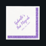 Guardanapo De Papel Bat Mitzvah personalizado com faixa de luz roxa<br><div class="desc">Guardanapos de borda com risca de brilho roxo e Lavanda com nome personalizável e data de almoço ou recepção de Bat Mitzvah. Excelente de sotaque para uma elegante e moderna comemoração do Bat Mitzvah, ou mudar a redação para um doce aniversário de 16 anos, bebê ou chá de panela. O...</div>