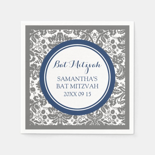 Guardanapo De Papel Bat Personalizado Mitzvah Napkin Cinza Blue Damask (Frente)