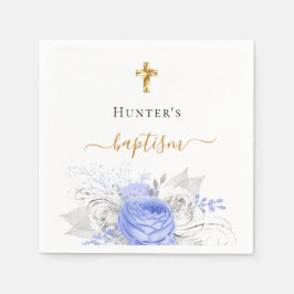 Guardanapo De Papel Batismo azul floral branco elegante guião