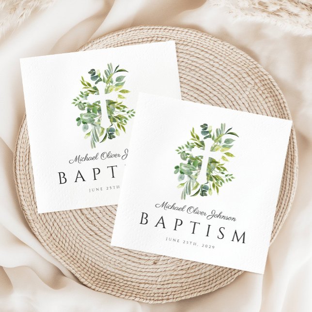 Guardanapo De Papel Batismo Botânico Religioso Elegante (Elegant Botanical Religious Cross Baptism Napkins)