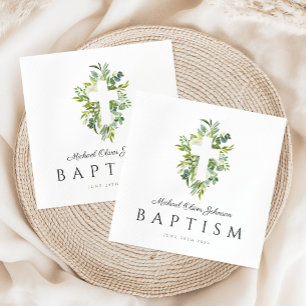 Guardanapo De Papel Batismo Botânico Verde Cruz Religioso