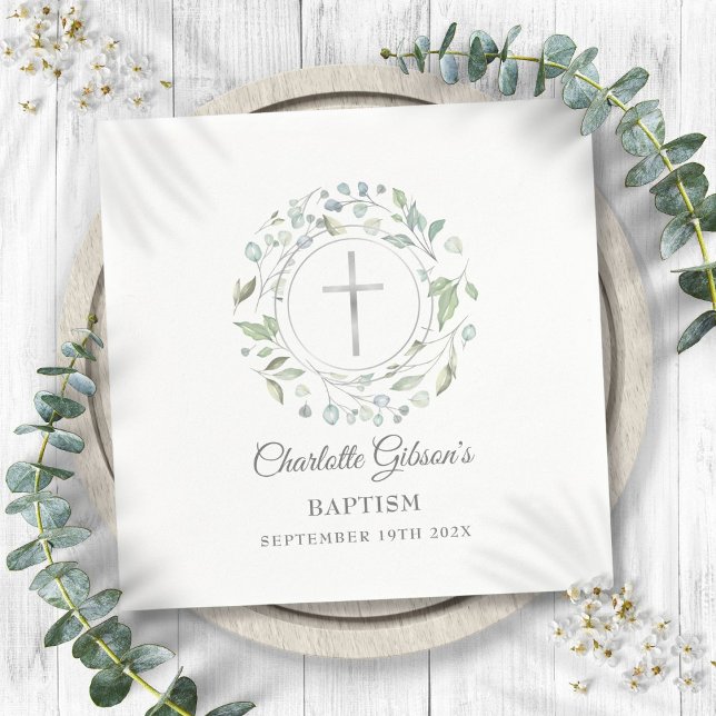 Guardanapo De Papel Batismo Christening Laurel Floral Silver Cross (Baptism Christening Laurel Floral Silver Cross Napkins)