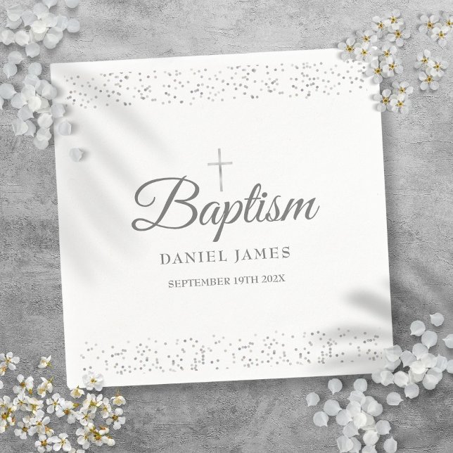 Guardanapo De Papel Batismo com Poeira de Estrelas Prateada (Silver Stardust Baptism Christening Napkins)