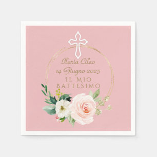 Guardanapo De Papel Batismo da Cruz Branca Floral, Cor-de-Rosa Elegant