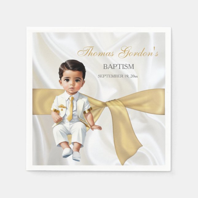 Guardanapo De Papel Batismo de Menino Branco e Dourado (Frente)