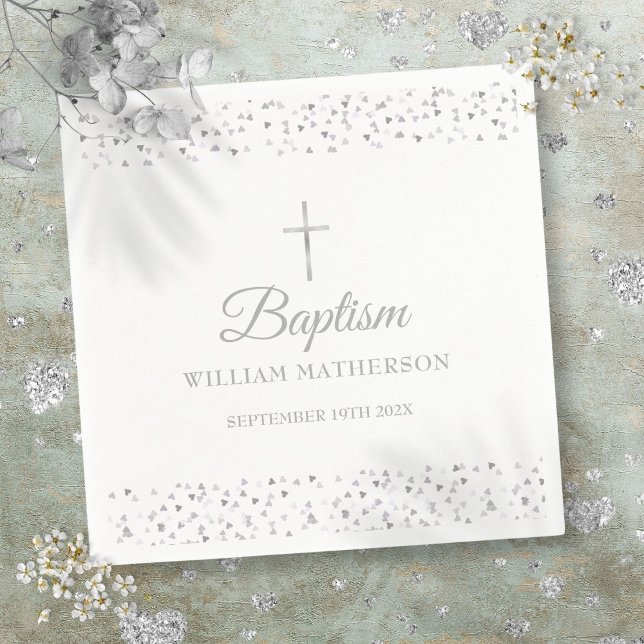 Guardanapo De Papel Batismo Elegante Cristalizando Corações Silvícolas (Elegant Baptism Christening Silver Hearts Napkins)