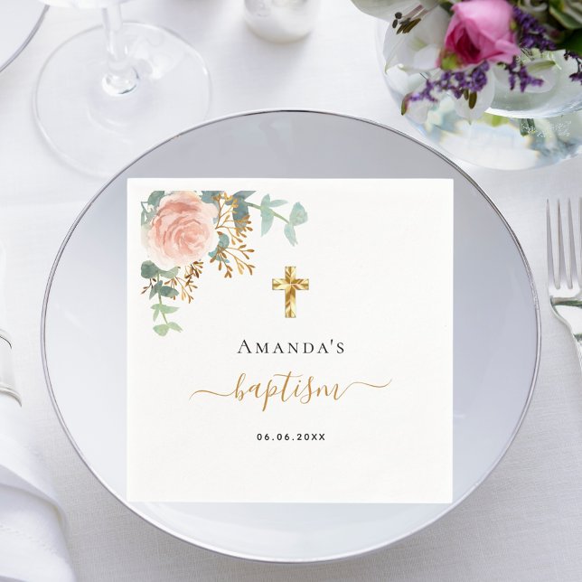 Guardanapo De Papel Batismo eucalipto rosa floral menina dourado (Criador carregado)