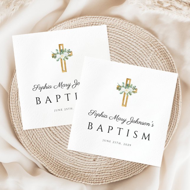 Guardanapo De Papel Batismo Floral Branco da Cruz Religiosa Elegante (Elegant Religious Cross White Floral Baptism Napkins)
