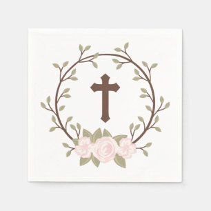 Guardanapo De Papel Batismo floral cor-de-rosa do baptismo da cruz da