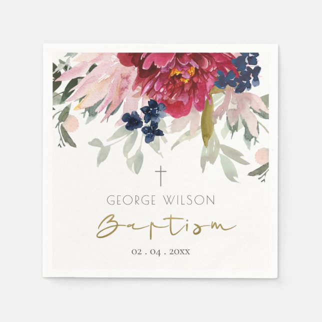 Guardanapo De Papel Batismo Floral Dourado Azul com Borgonha Vermelha  (Frente)