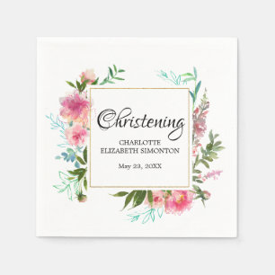 Guardanapo De Papel Batismo floral e ouro personalizado cor-de-rosa