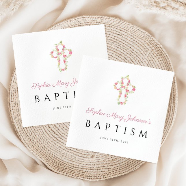 Guardanapo De Papel Batismo Floral Rosa Rosa Elegante (Elegant Religious Cross Pink Floral Baptism Napkins)