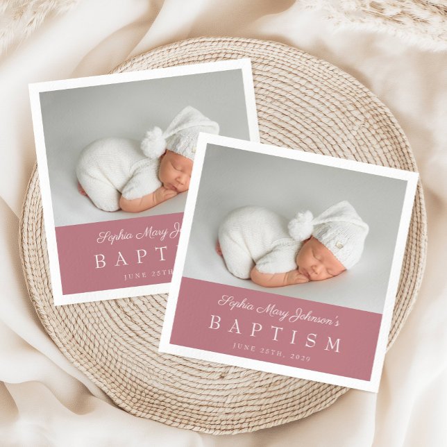 Guardanapo De Papel Batismo Fotográfico com Script Rosa Elegante (Elegant Dusty Pink Script Photo Baptism Napkins)