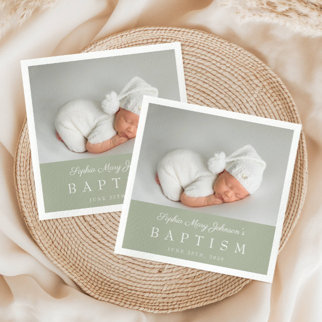 Guardanapo De Papel Batismo Fotográfico do Script Verde Elegante Sage (Elegant Sage Green Script Photo Baptism Napkins)