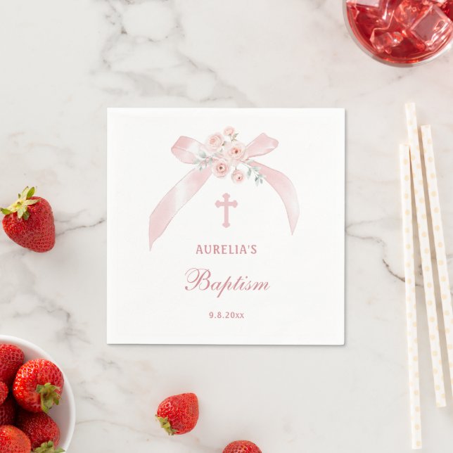 Guardanapo De Papel Batismo Laço Rosa Floral (Insitu)